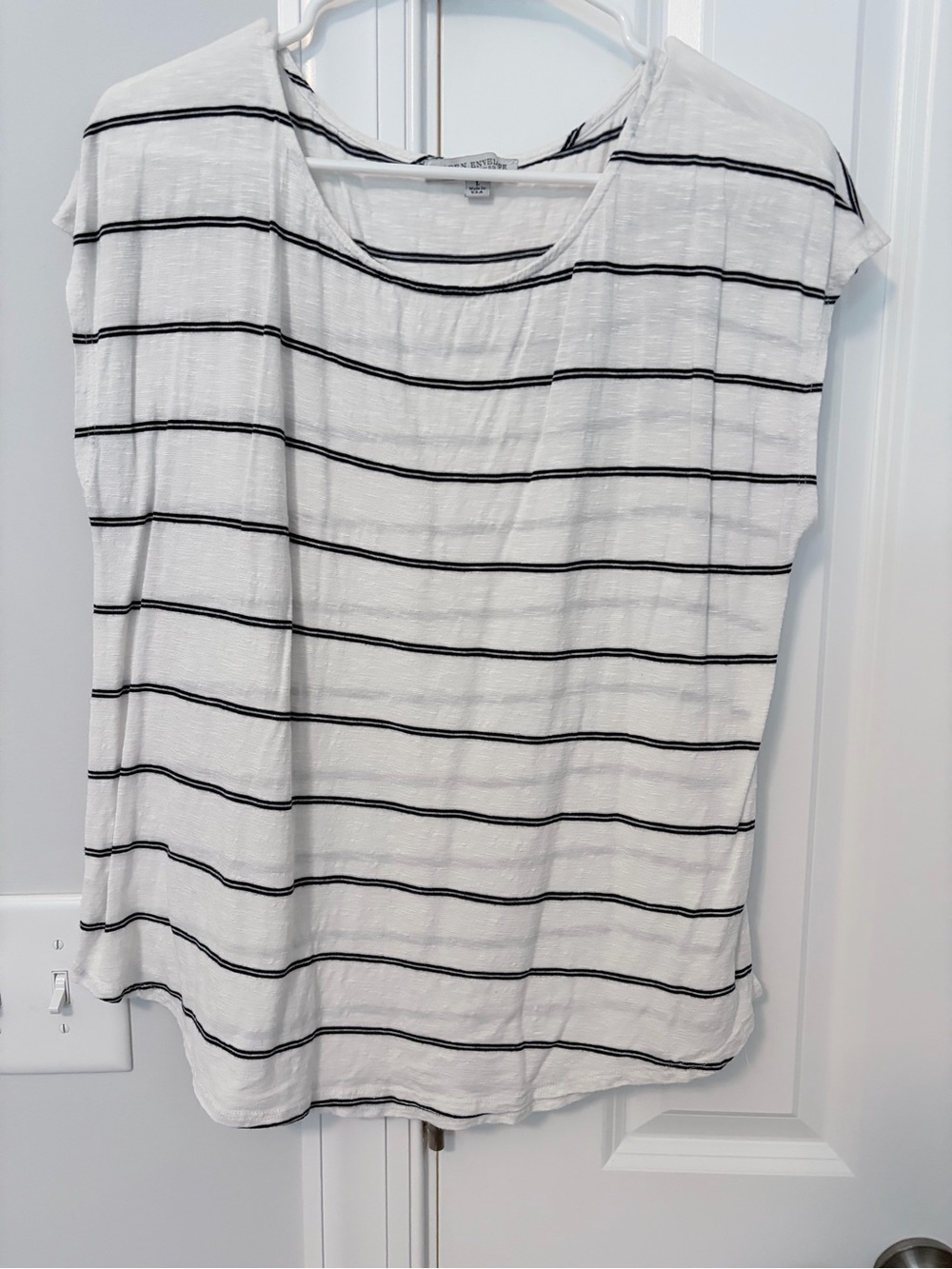 Green Envelope White Scoop Neck Tee with Black Stripes